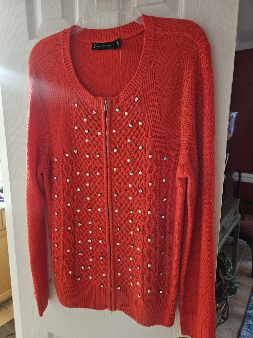 NY Collection Red Zip-Front Embellished Knit Sweater XL